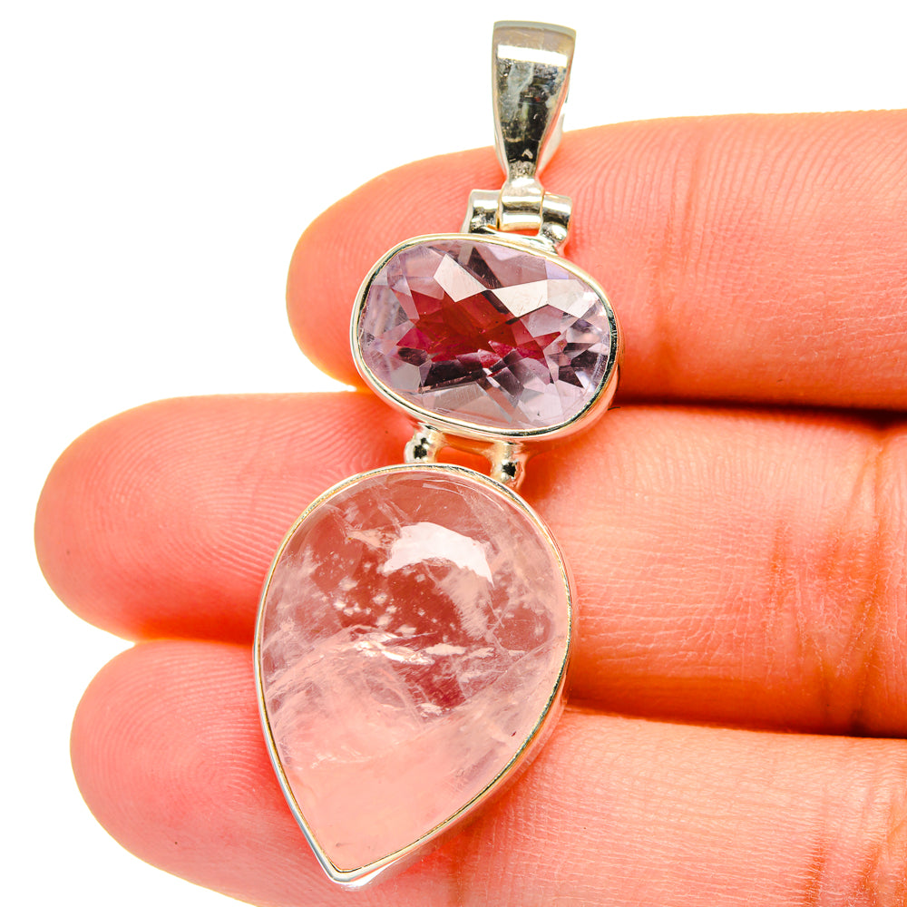 Silver teardrop pendant with pink rose quartz and purple amethyst stones, bail loop