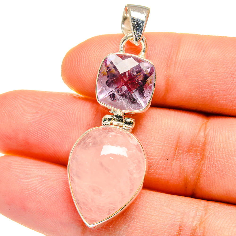 Double-heart amethyst and rose quartz pendant, polished 925 sterling silver bail