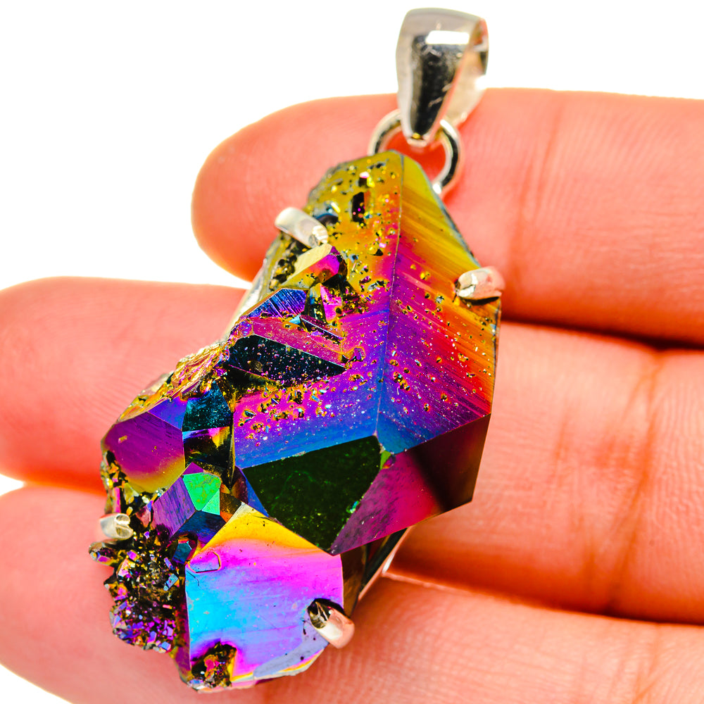 Rainbow druzy gemstone pendant in 925 sterling silver bail, close-up