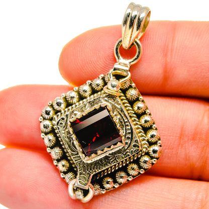 Red gemstone pendant in 925 sterling silver, ornate square filigree frame