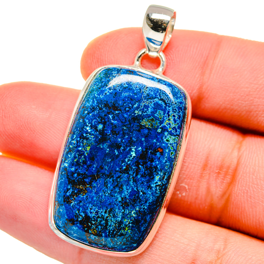 Azurite stone pendant, rectangular blue cabochon set in silver bezel with bail