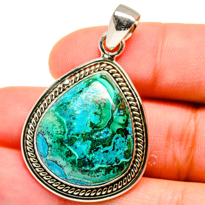 Sterling silver chrysocolla teardrop pendant, ornate border and turquoise green stone