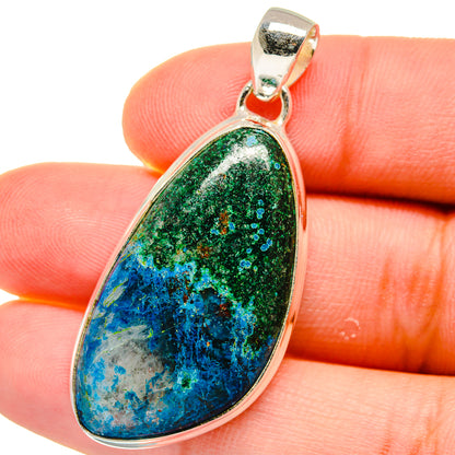 Chrysocolla pendant in 925 sterling silver, teardrop bezel with blue-green stone