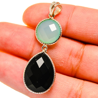 Sterling silver pendant with aqua chalcedony and black onyx teardrop drop