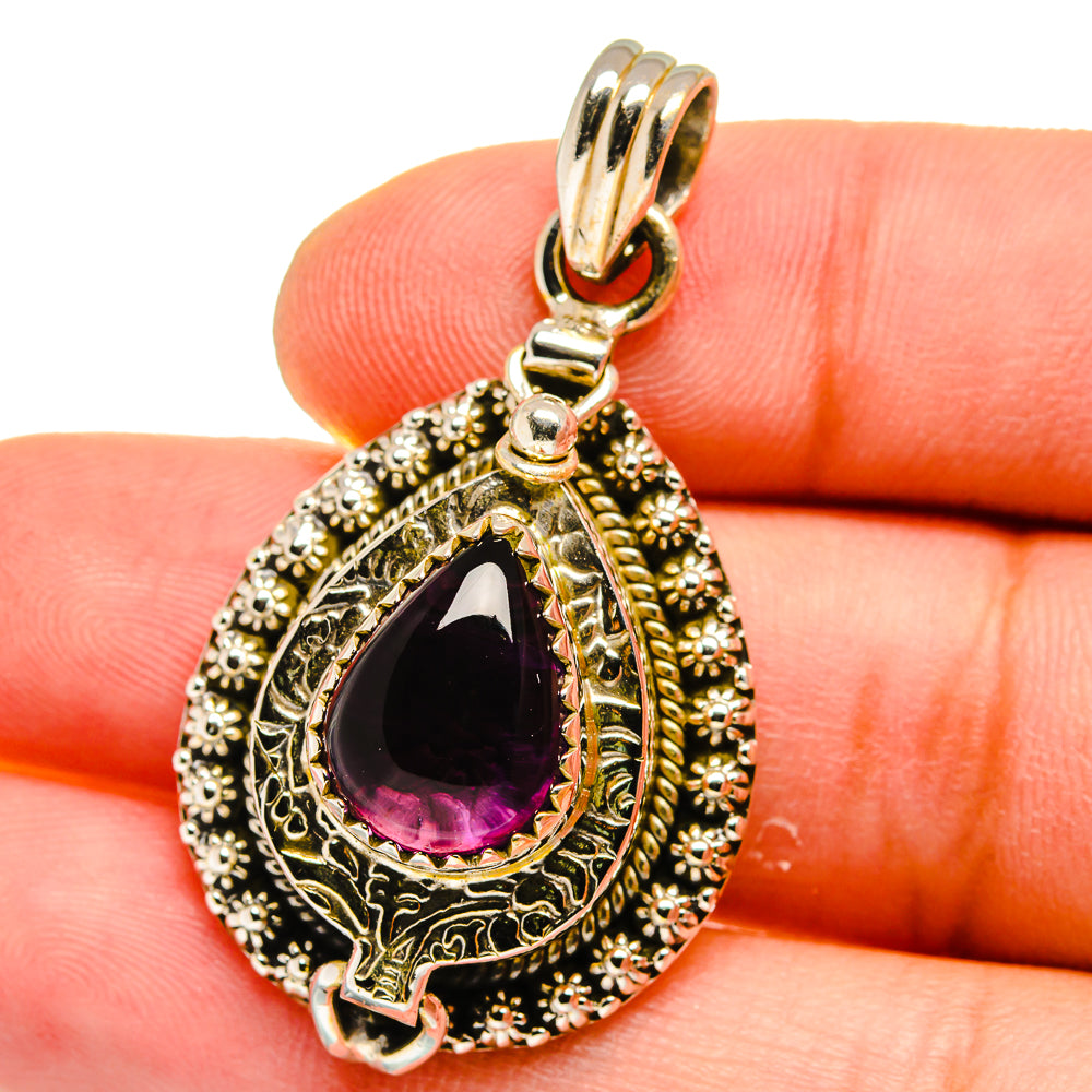 Amethyst teardrop pendant in 925 sterling silver, ornate gold-tone filigree frame