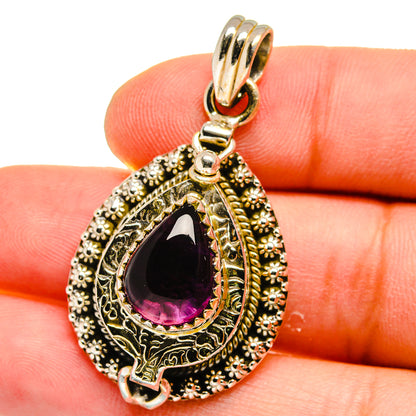 Amethyst teardrop pendant in 925 sterling silver, ornate gold-tone filigree frame