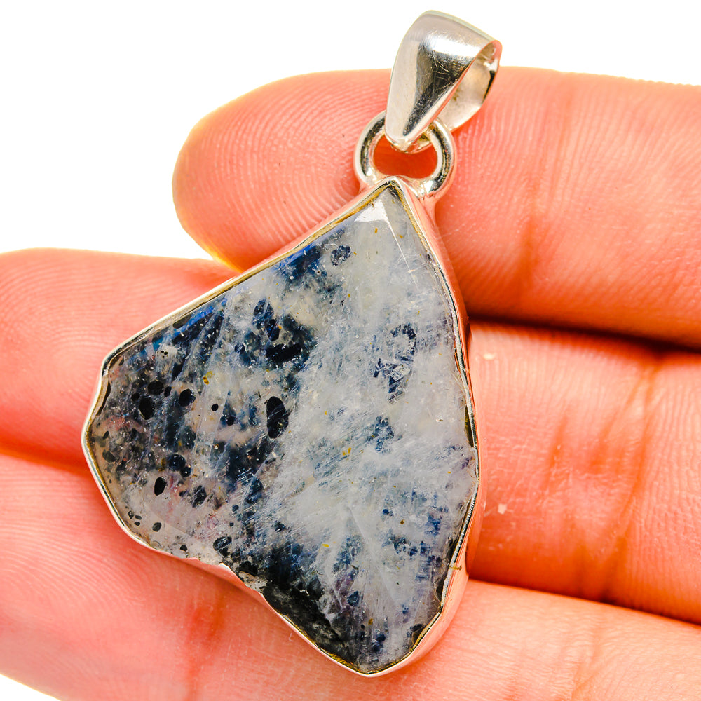 Sterling silver rough moonstone pendant angled, blue-gray speckled stone teardrop