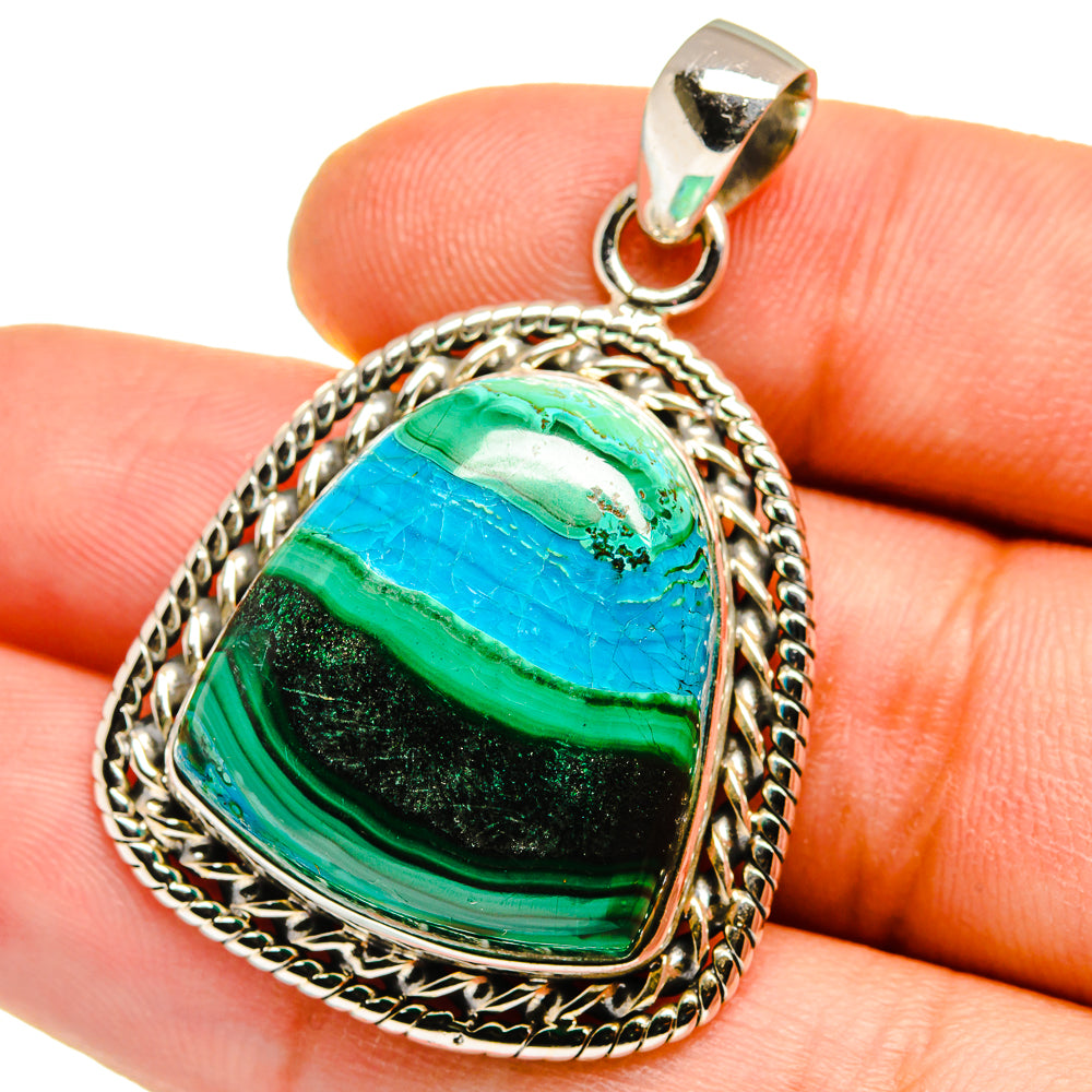Heart-shaped malachite and chrysocolla pendant in 925 sterling silver bezel with bail loop