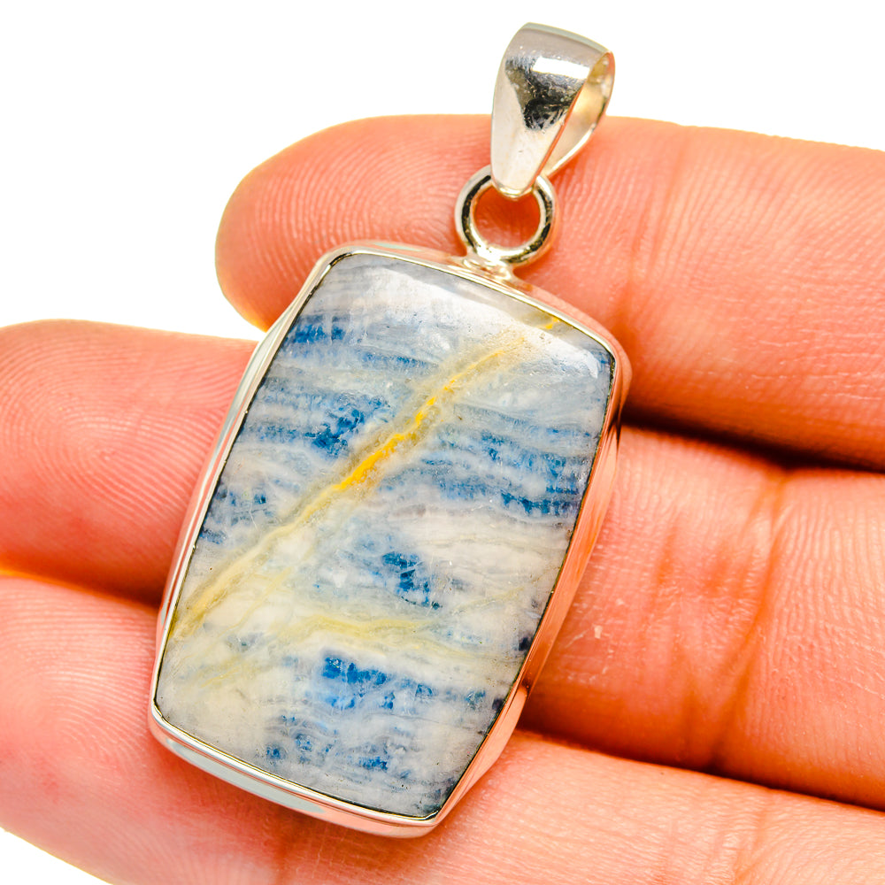 925 sterling silver blue scheelite pendant, rectangular stone with open bail