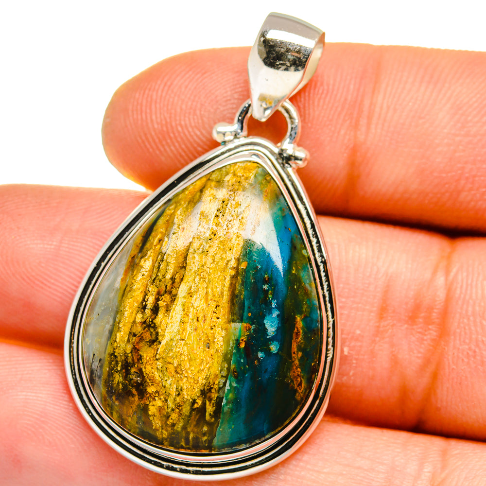 Teardrop azurite stone pendant in 925 sterling silver, gold-green-blue textured center