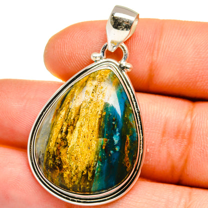 Teardrop azurite stone pendant in 925 sterling silver, gold-green-blue textured center