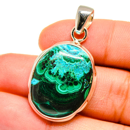Sterling silver malachite and chrysocolla oval pendant with green gemstone, top bail