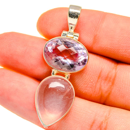 Gold-tone sterling silver pendant with faceted oval lavender kunzite and pink teardrop quartz