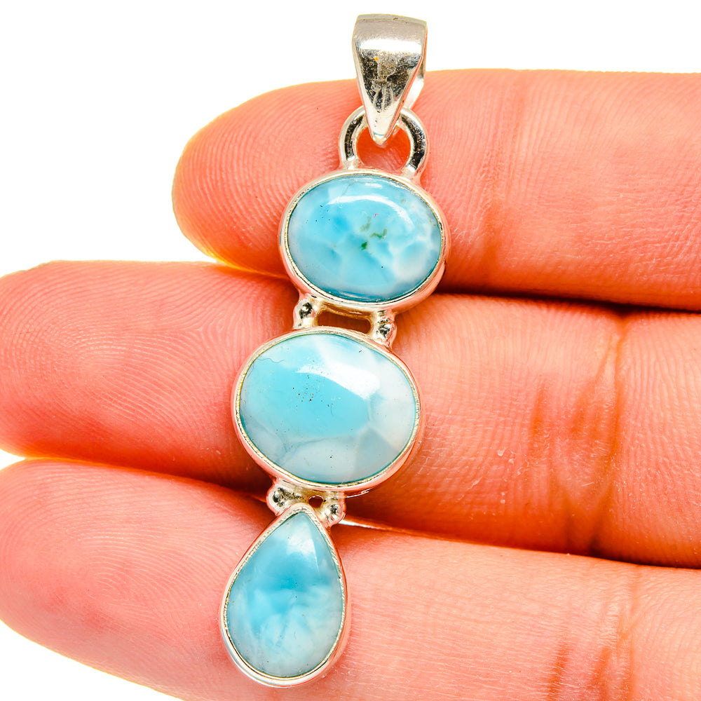 Larimar pendant in 925 sterling silver with three oval blue stones