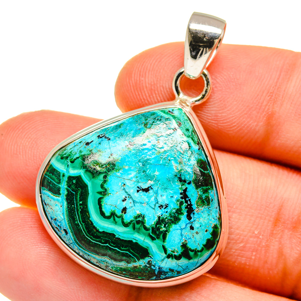 Turquoise chrysocolla malachite teardrop pendant in 925 sterling silver bezel