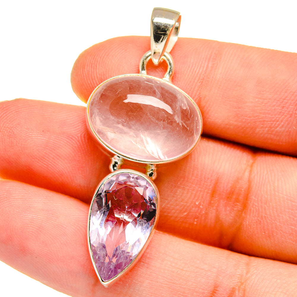 Sterling silver pendant with pink rose quartz oval and pear-shaped pink kunzite stone