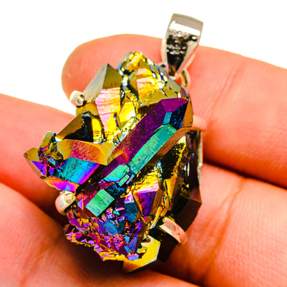 Rainbow druzy pendant with multicolor facets, 925 sterling silver bail
