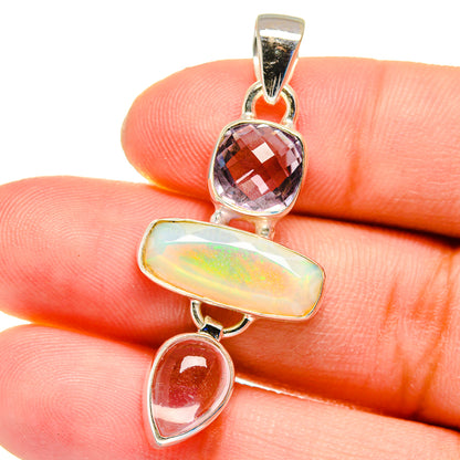 925 sterling silver pendant with round amethyst, opal rectangle, and pink teardrop