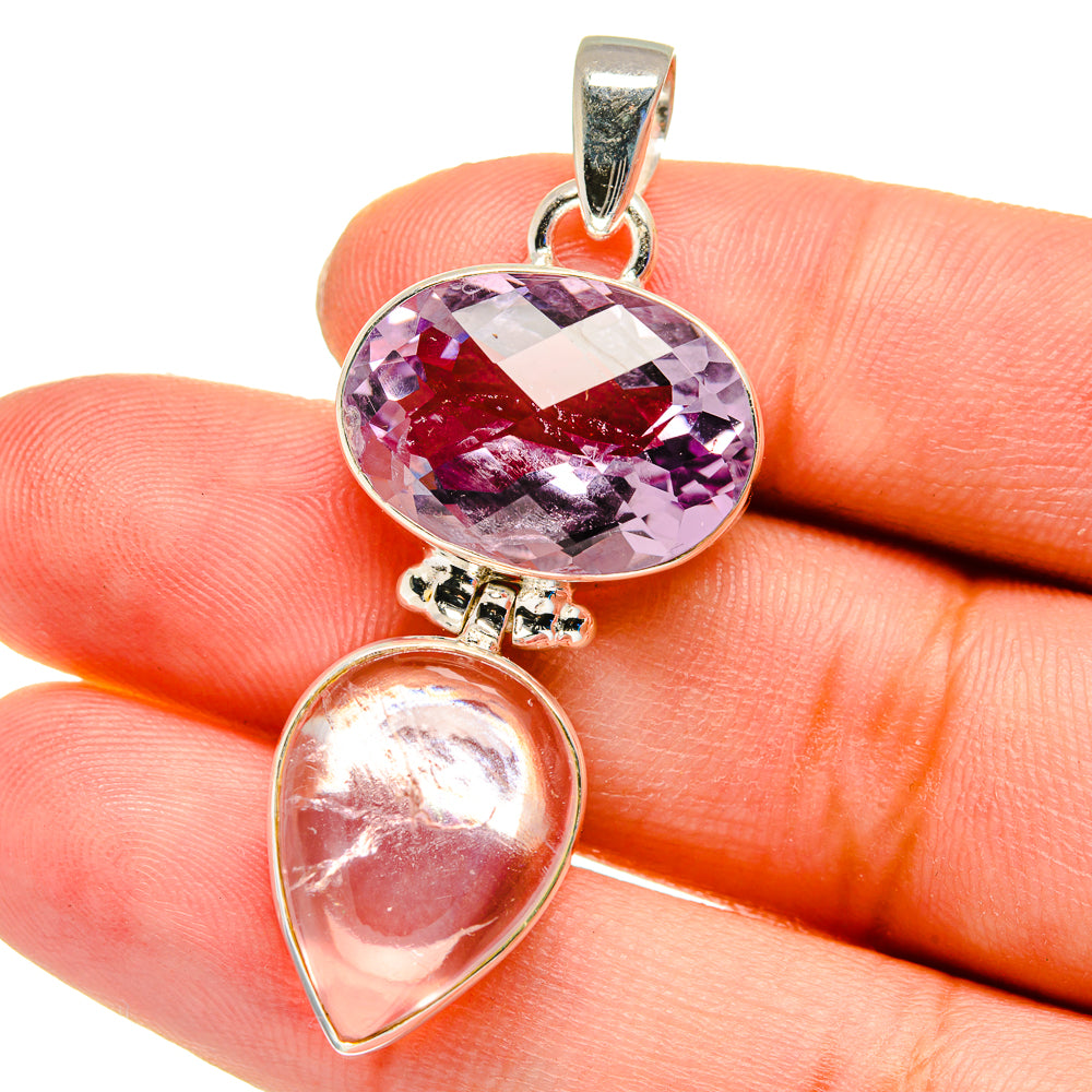 Close-up double-stone pendant with faceted purple amethyst and teardrop rose quartz, 925 silver