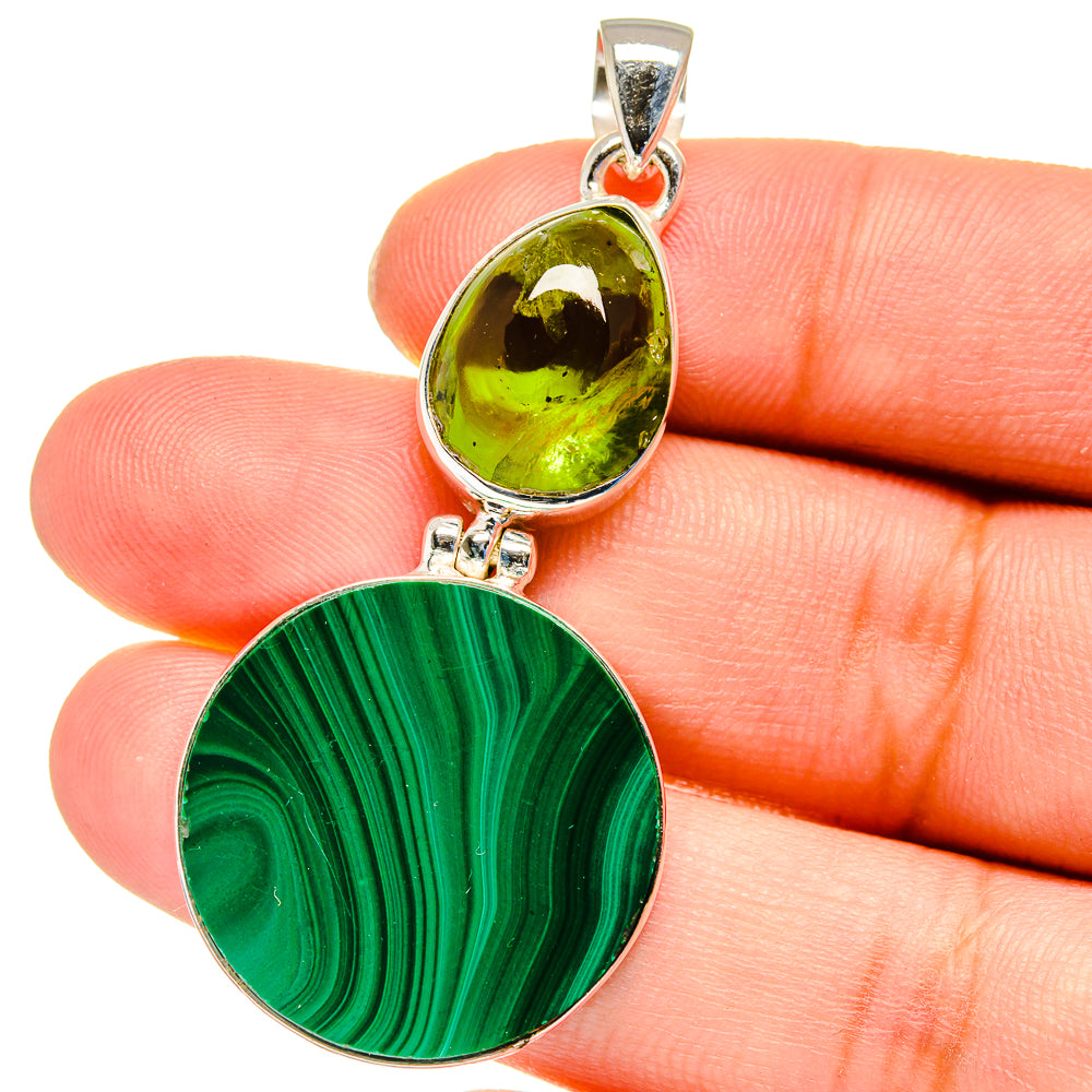 Sterling silver pendant with round green malachite disc and yellow-green peridot drop
