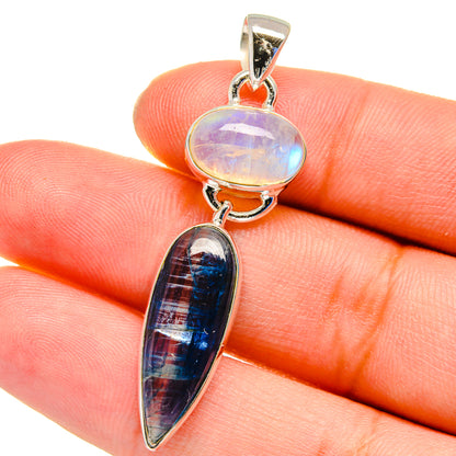 Sterling silver pendant with iridescent rainbow moonstone and blue kyanite teardrop