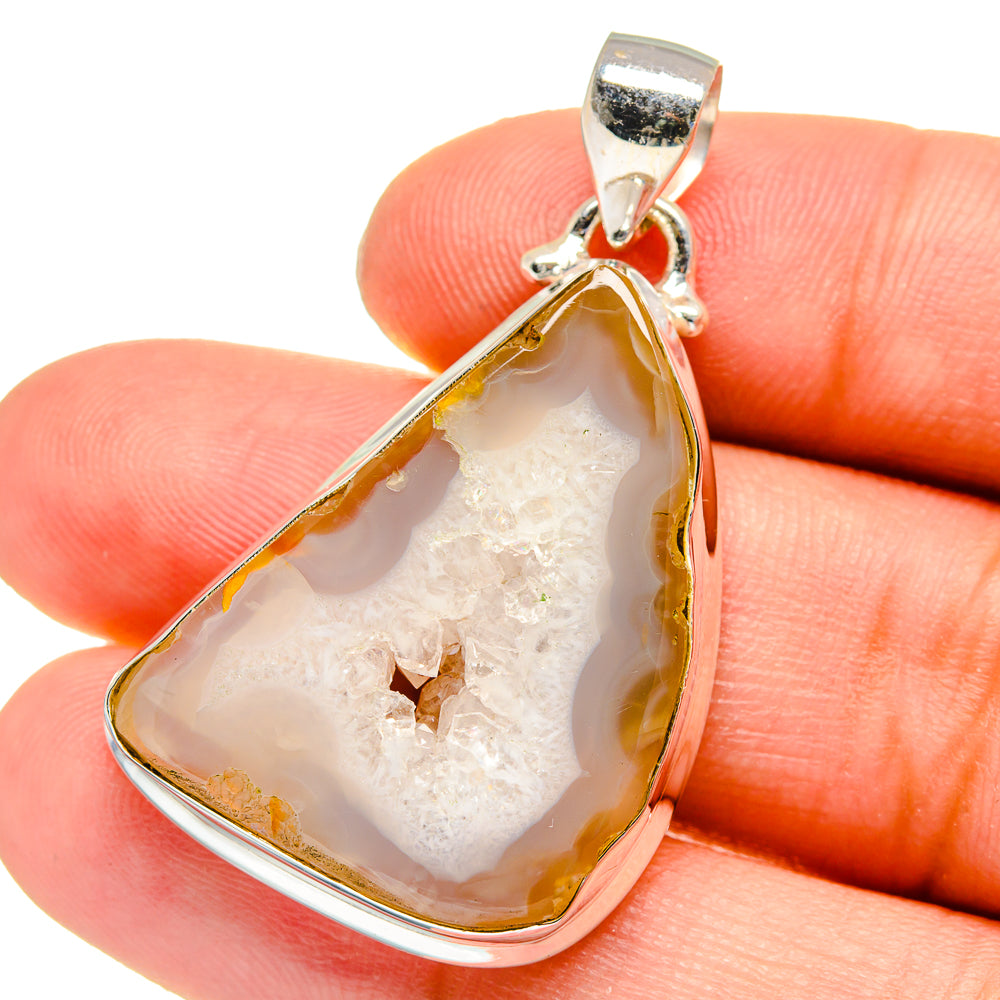 Sterling silver geode slice pendant with white druzy and amber teardrop bezel