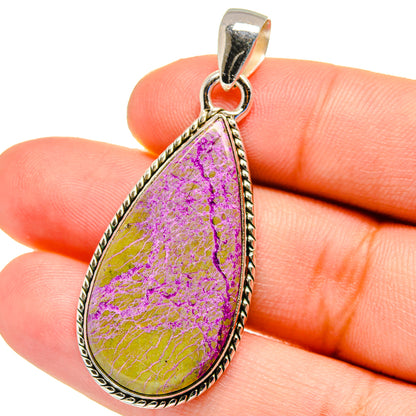 Sterling silver stichtite teardrop pendant with purple stone and yellow veining