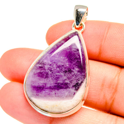 Teardrop amethyst pendant in 925 sterling silver bezel, close-up view