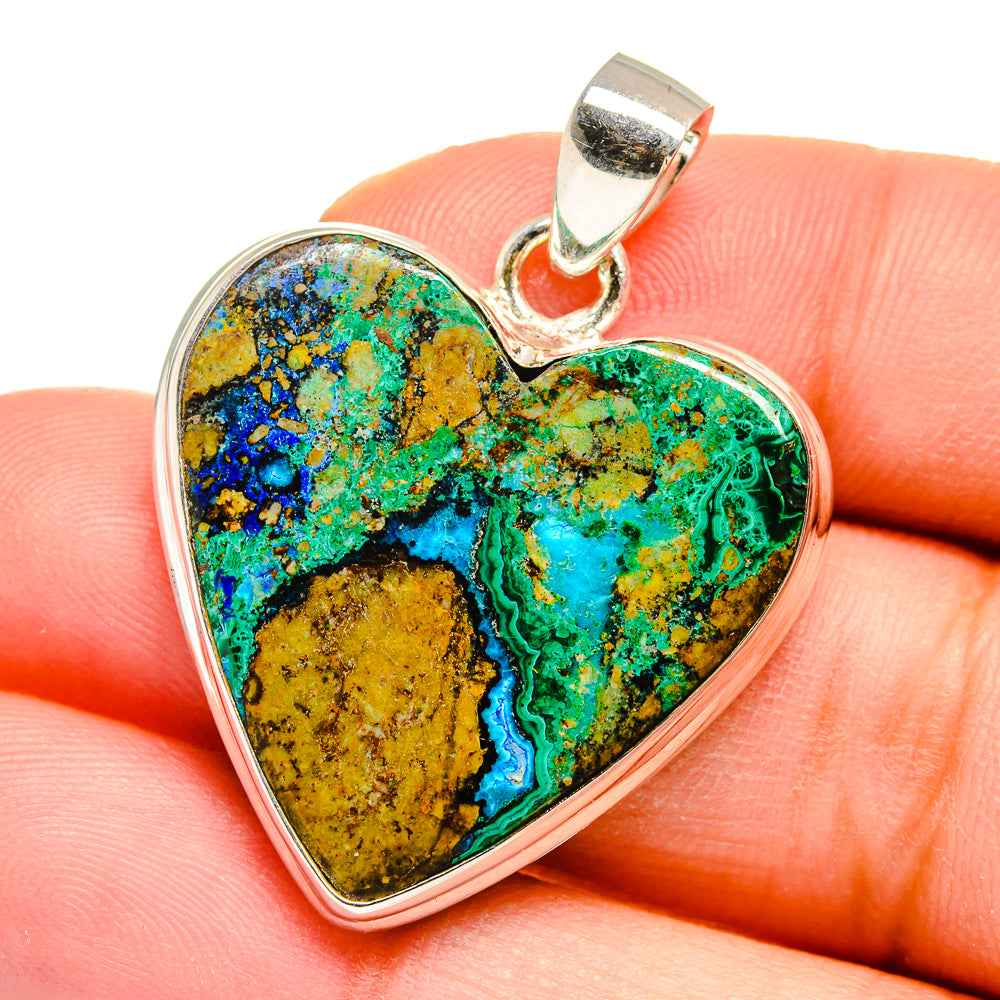 Heart gemstone pendant, 925 sterling silver bail; blue/green/yellow azurite-malachite stone
