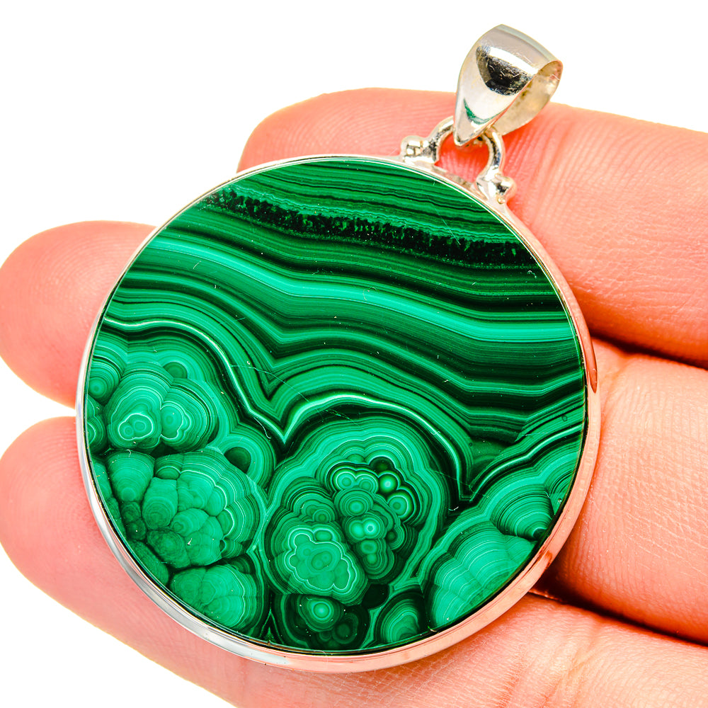 Round malachite pendant with green striped stone and silver bail, 925 sterling