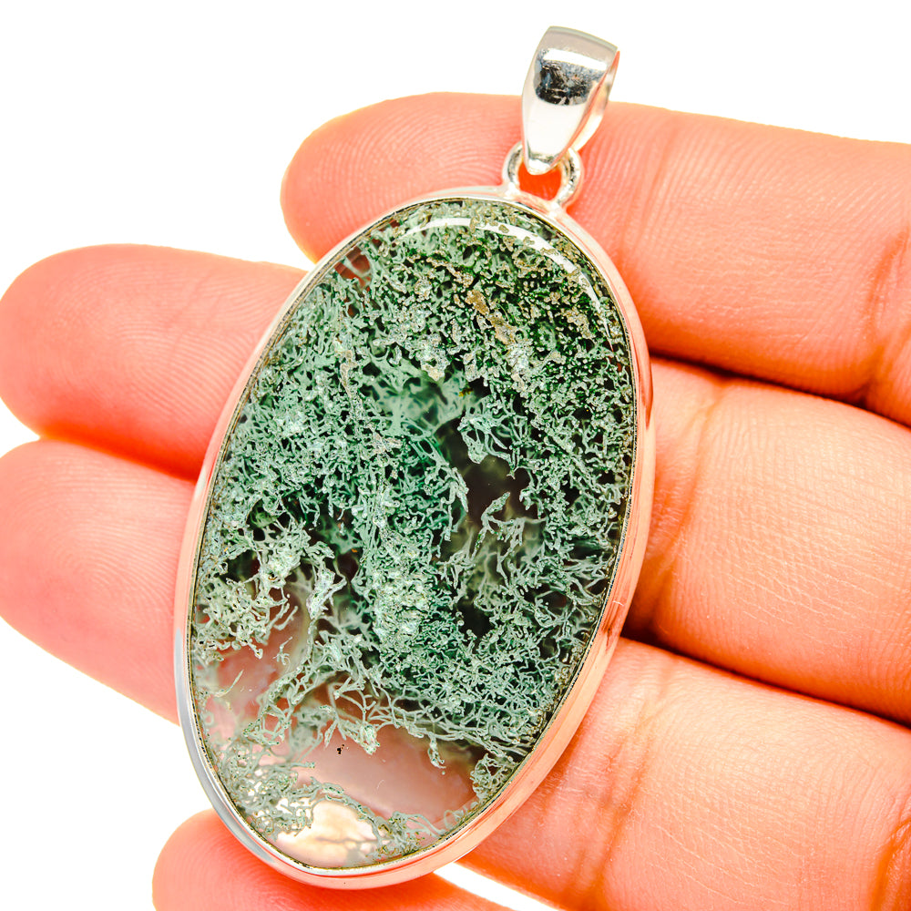 Oval green moss agate pendant with 925 sterling silver bail on top loop