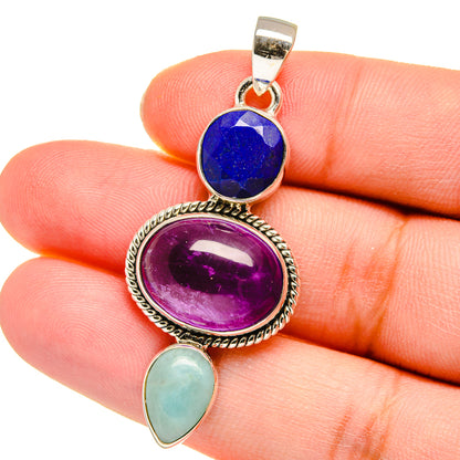 Sterling silver gemstone pendant with blue lapis, purple amethyst, and mint larimar drops