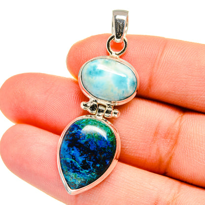925 sterling silver double-stone pendant: oval light blue Larimar and blue-green stone
