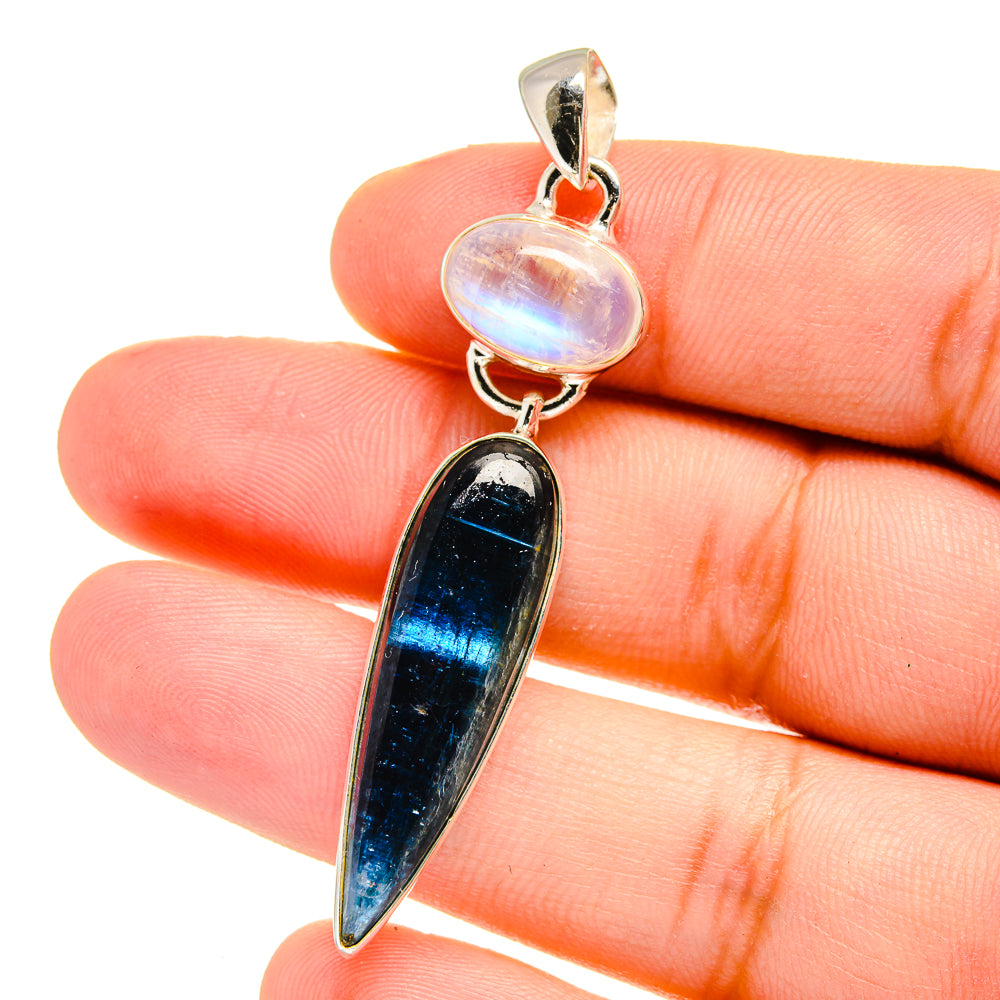 925 sterling silver pendant with dark blue kyanite and moonstone oval cabochon