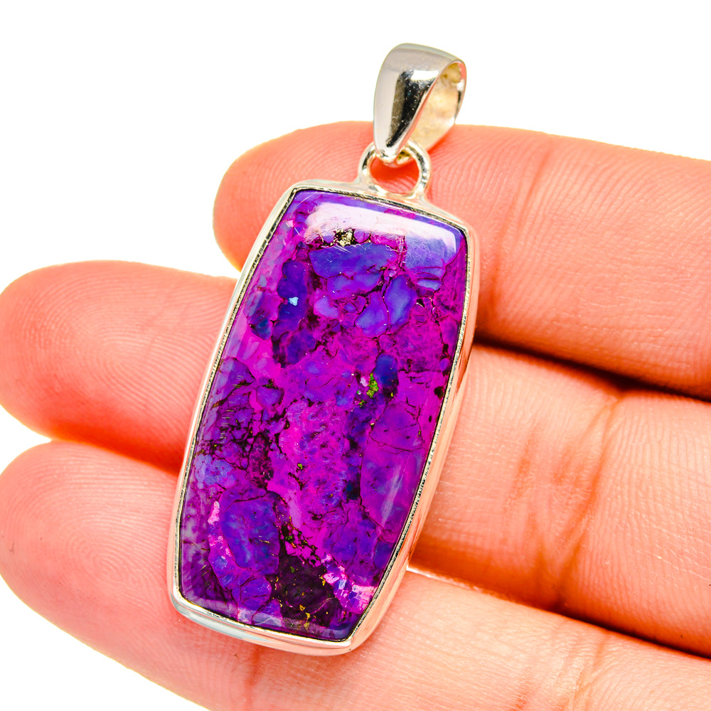Purple turquoise composite pendant in silver bezel with bail, purple stone close-up
