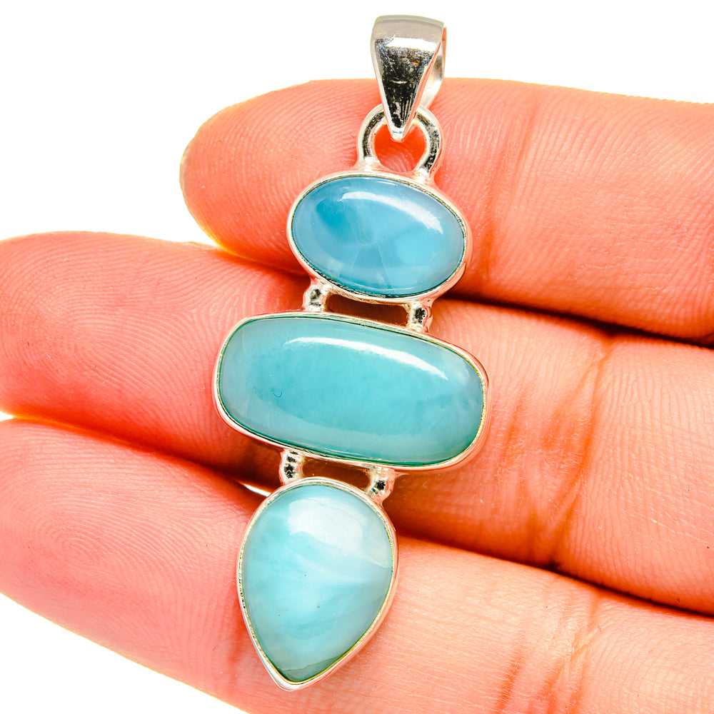Larimar pendant in sterling silver, three stacked oval blue stones with teardrop base