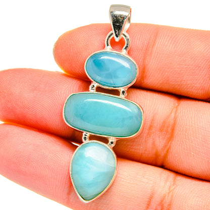 Larimar pendant in sterling silver, three stacked oval blue stones with teardrop base