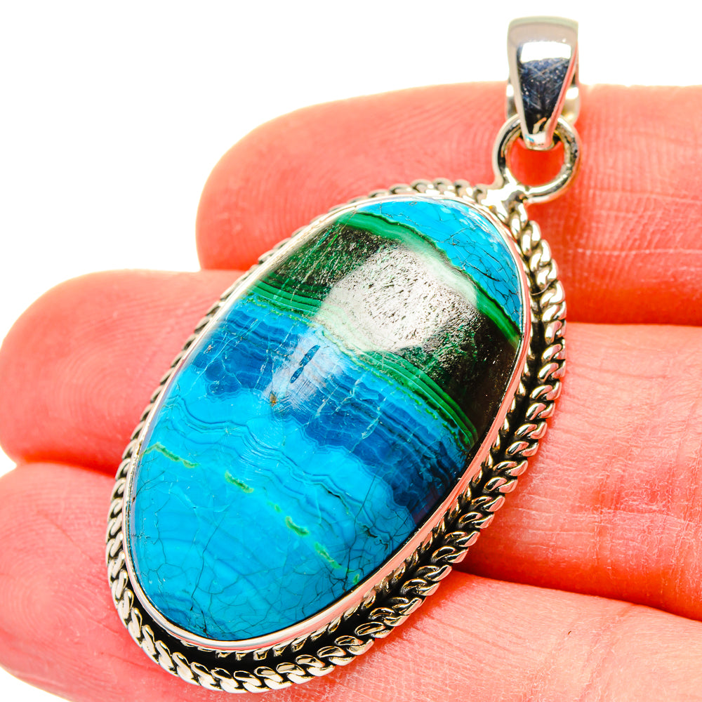 Sterling silver malachite and chrysocolla pendant with blue-green oval stone bail