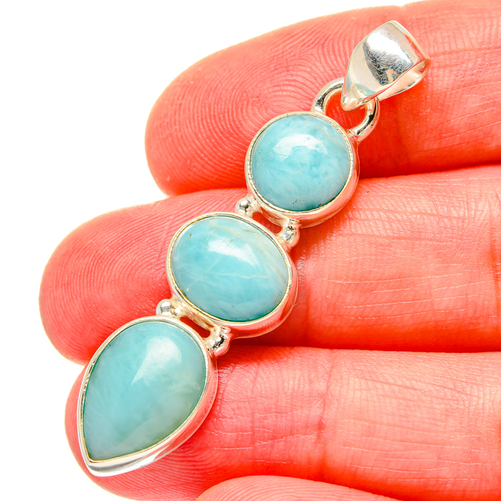 Larimar pendant with three oval aqua cabochons and silver prong settings, bail