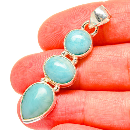 Larimar pendant with three oval aqua cabochons and silver prong settings, bail
