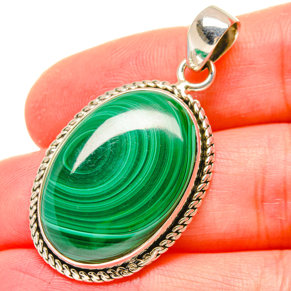 Oval malachite pendant with green stone and 925 sterling silver rope bezel, top bail.