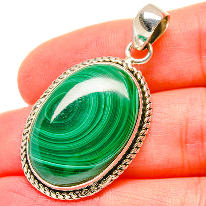 Oval malachite pendant with green stone and 925 sterling silver rope bezel, top bail.