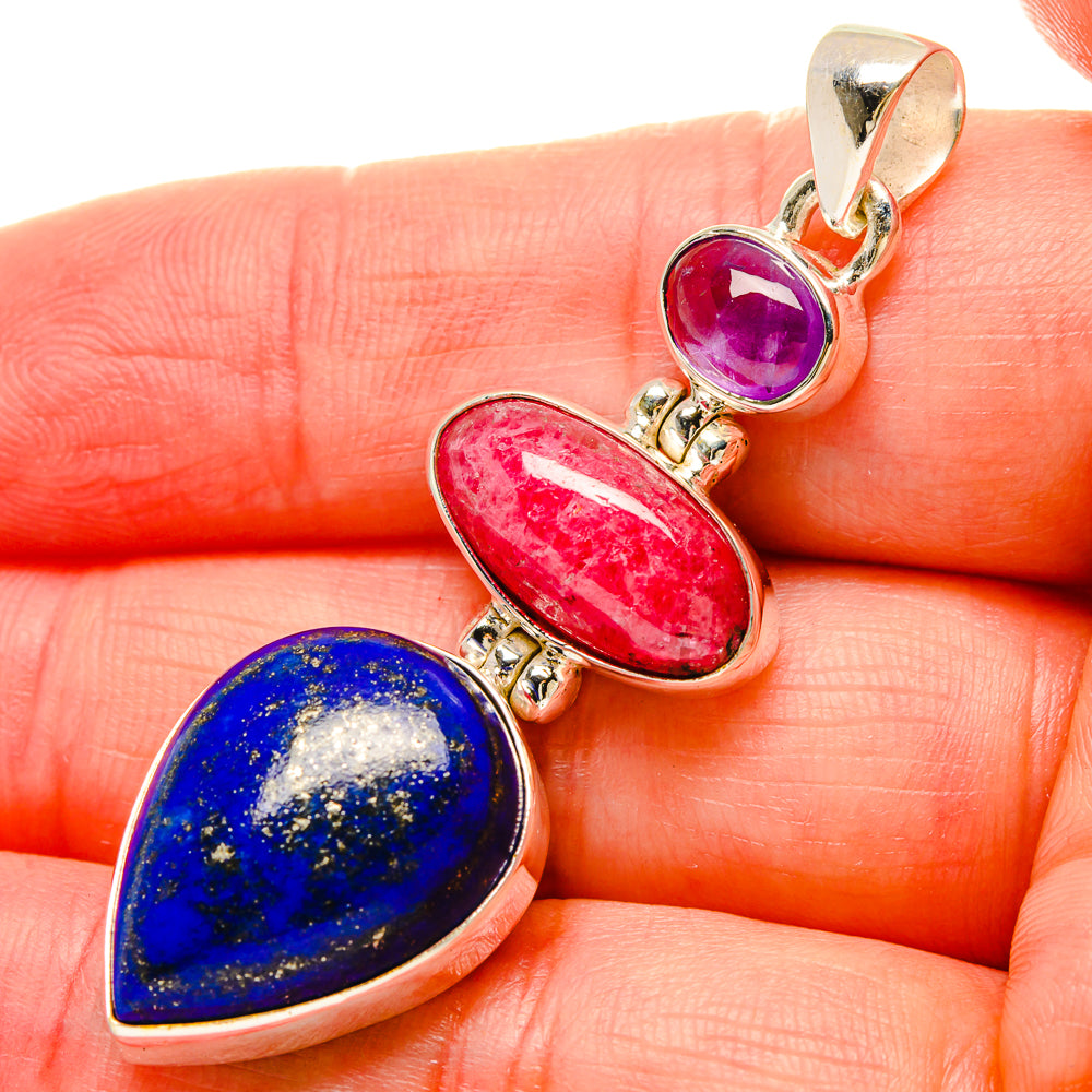 Sterling silver gemstone pendant with lapis, red rhodochrosite, and purple amethyst drops