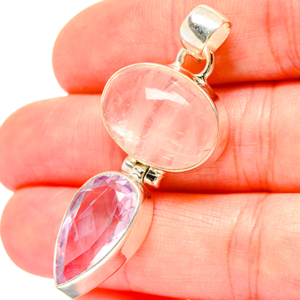 Rose quartz & amethyst sterling silver pendant, pink and purple oval stones