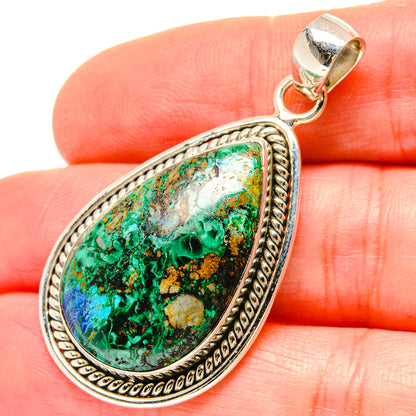 Teardrop malachite-and-chrysocolla pendant in 925 sterling silver bezel, ornate frame