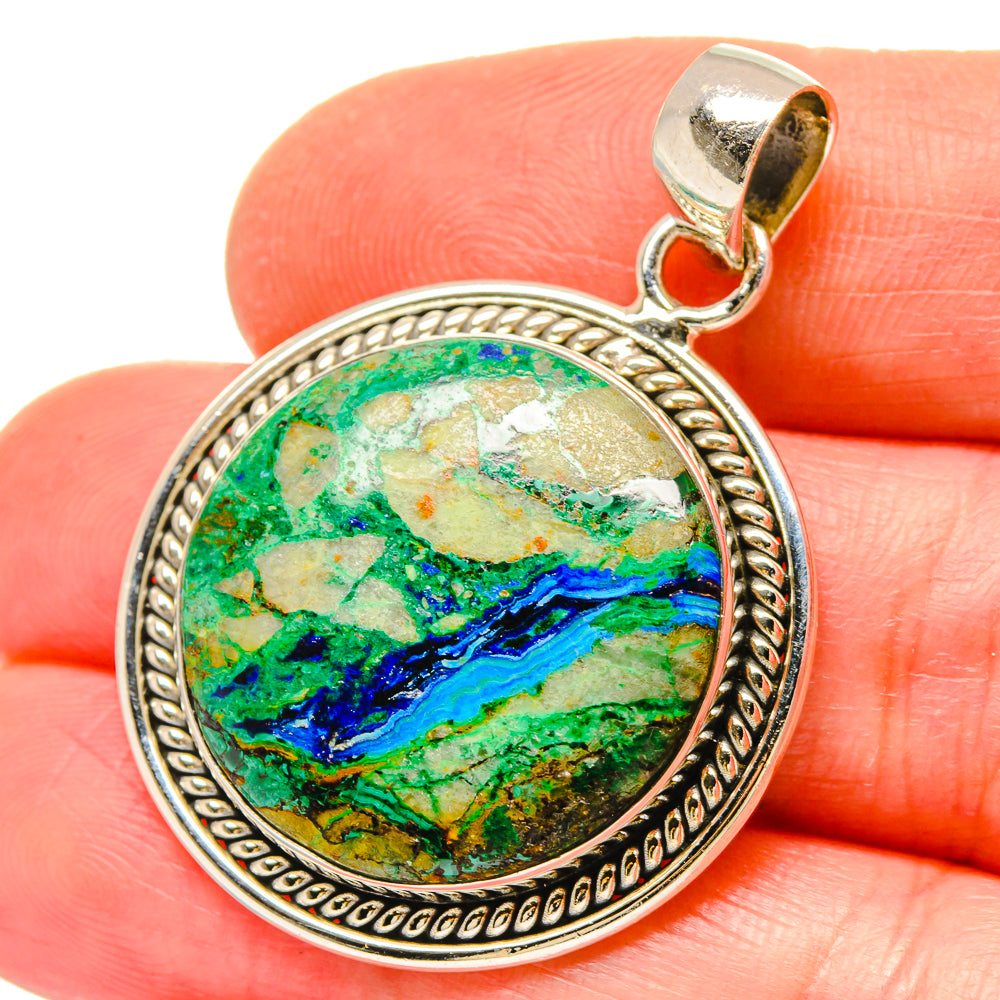925 sterling silver pendant with round azurite-malachite cabochon and rope border