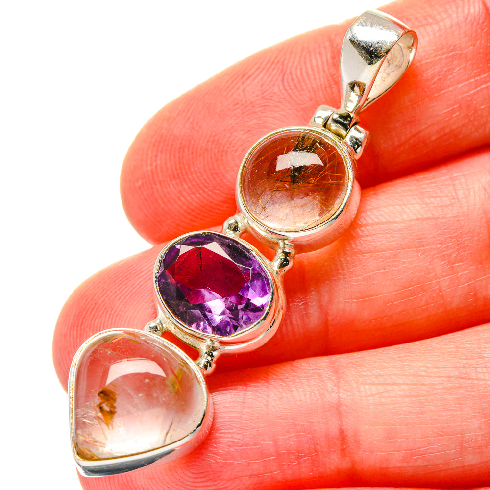 Sterling silver pendant top bail with round amethyst and two light quartz cabochons