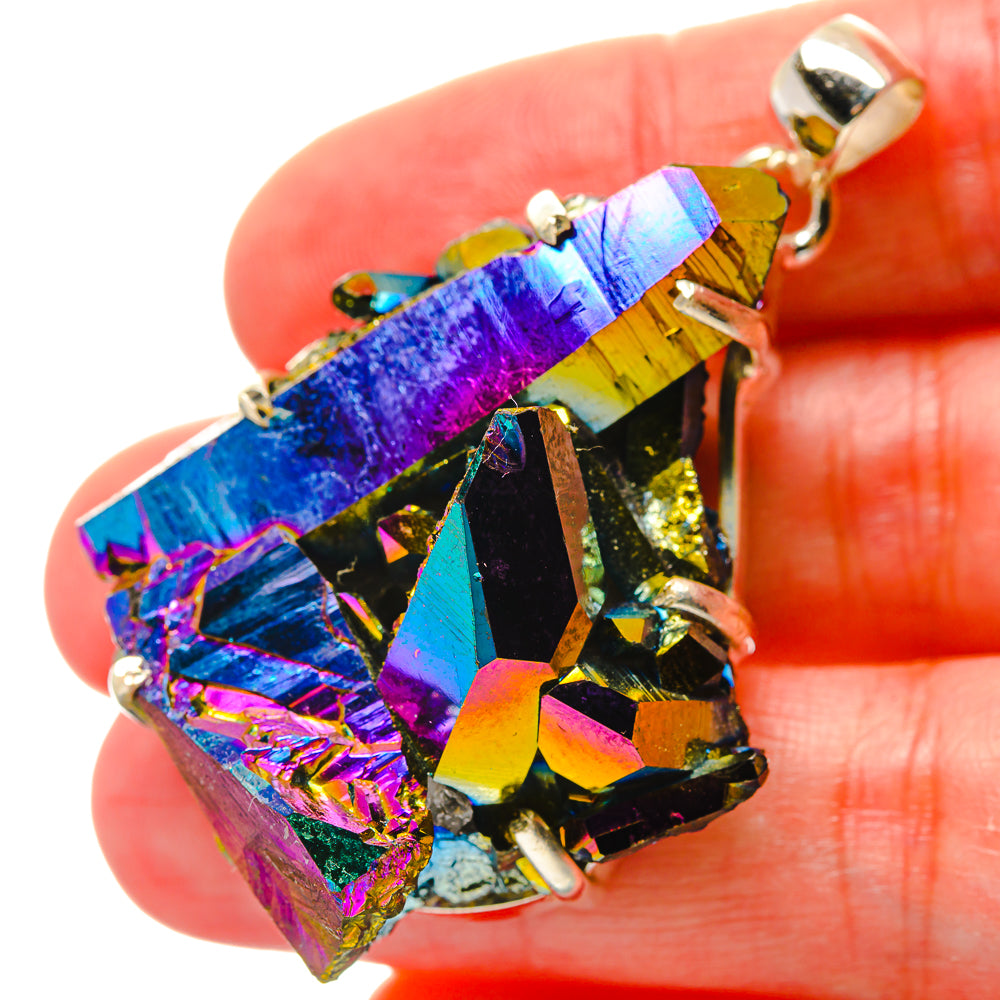 Large druzy pendant with iridescent blue-purple crystals and silver bail