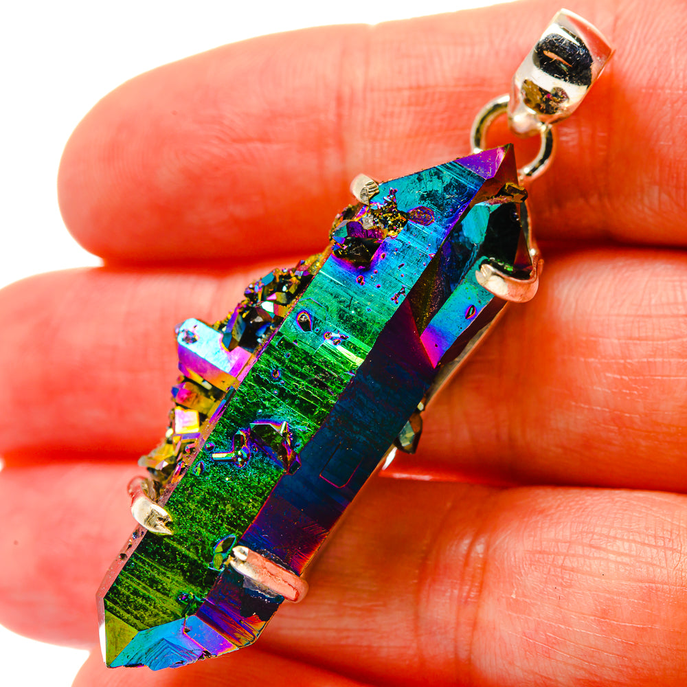 Iridescent druzy pendant with multicolor crystal point and silver bail