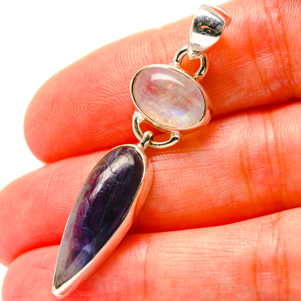 925 sterling silver pendant with pink round moonstone and dark purple/blue kyanite drop
